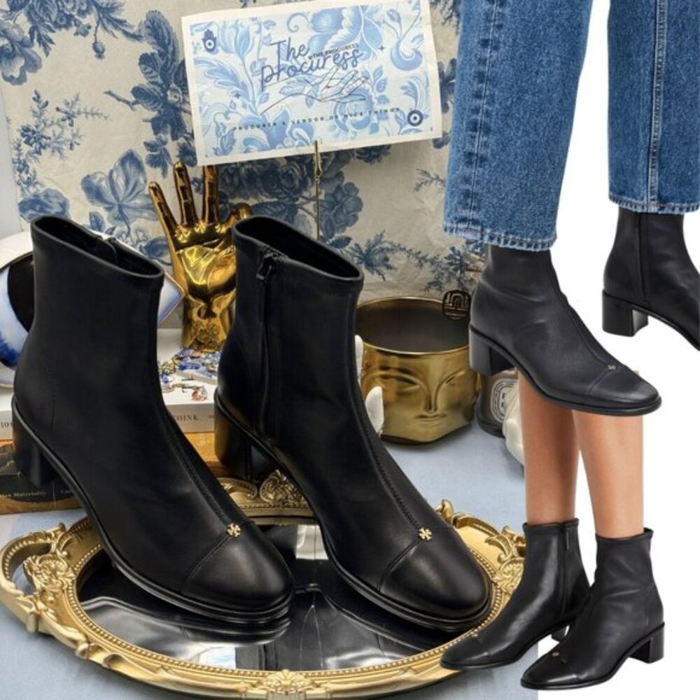🆕 TORY BURCH 🧿 NWOB Cap Toe Low Heel Ankle Boots, Perfect Black - Sz 7
